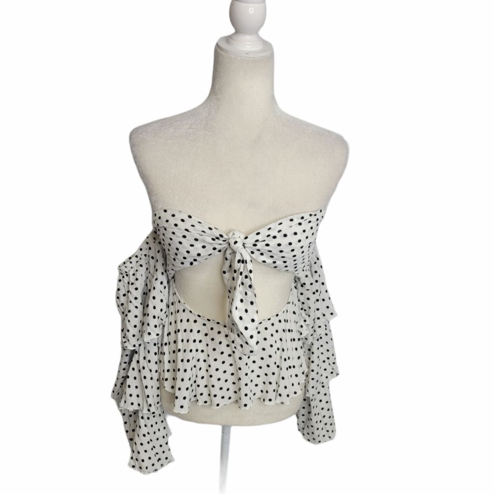 SEEK THE LABEL white polka dot retro‎ ruffle sleeve cropped top blouse M